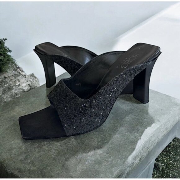 BCBGMAXAZRIA Black Glitter Y2K Square Toe Heels Size 9 - Picture 1 of 7